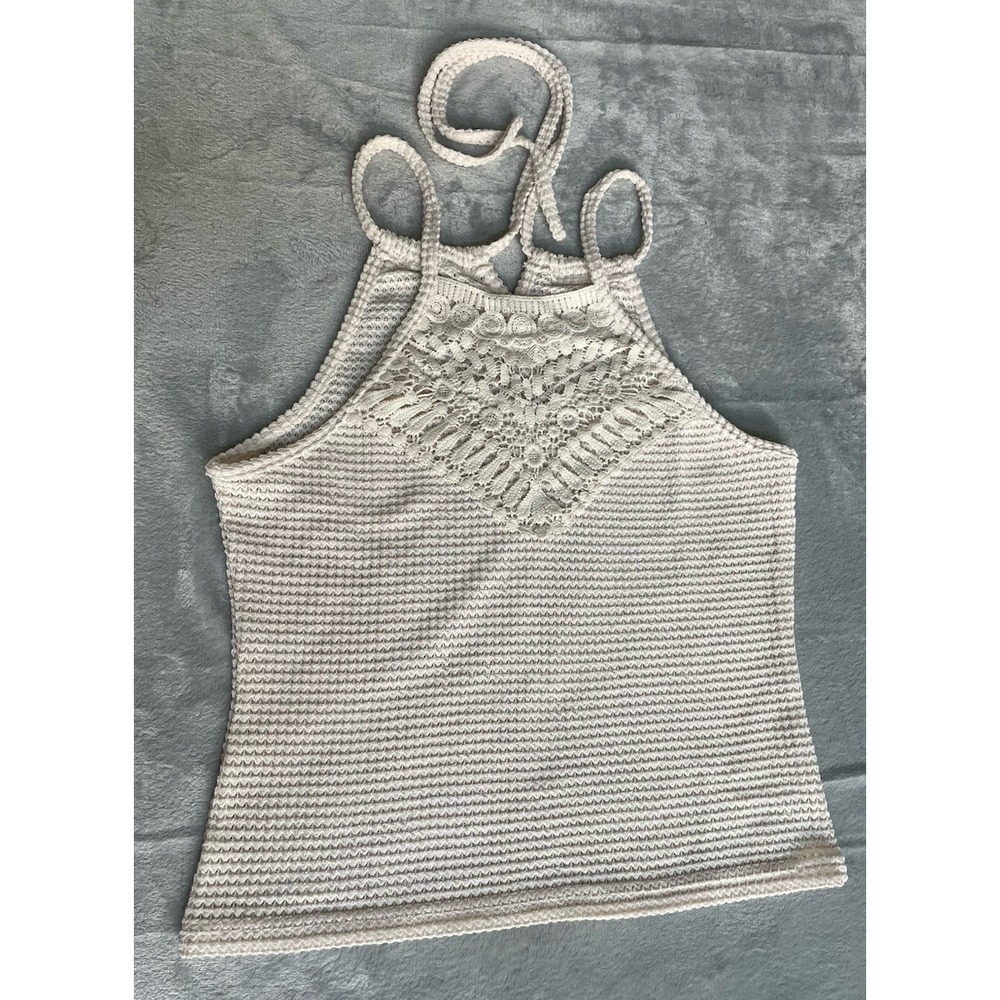 Cream Crochet Knit Halter Top XL  Boho Coquette Tie Back Summer Tank Festival